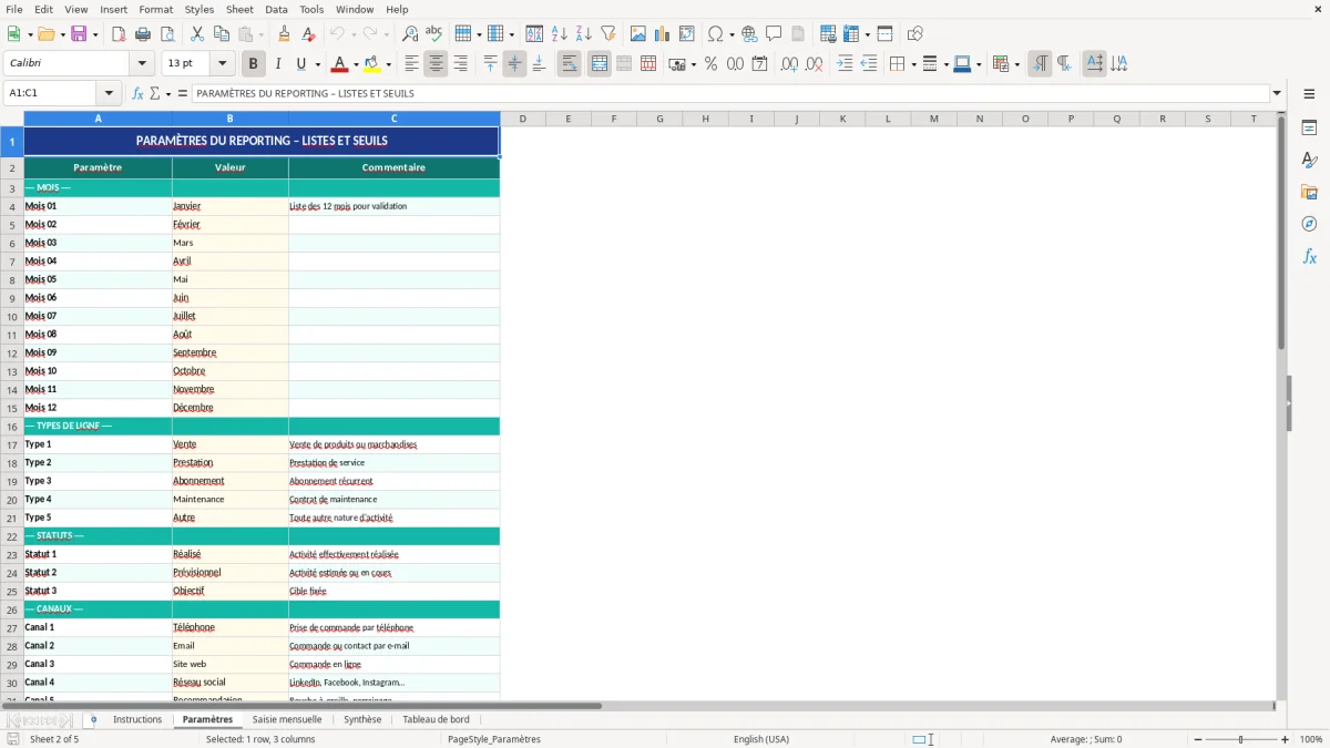 Capture d'écran 2 : Feuille Paramètres - Modèle Excel Reporting mensuel activité Excel - Gratuit (2026)