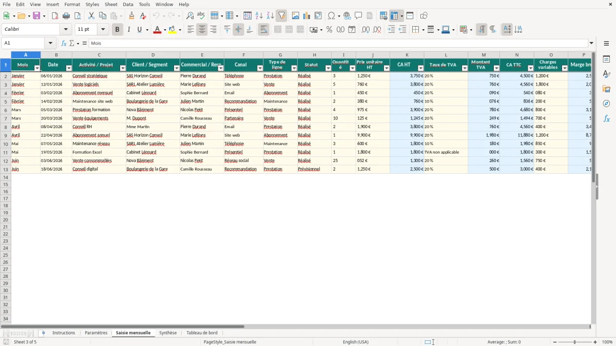 Capture d'écran 3 : Feuille Saisie mensuelle - Modèle Excel Reporting mensuel activité Excel - Gratuit (2026)
