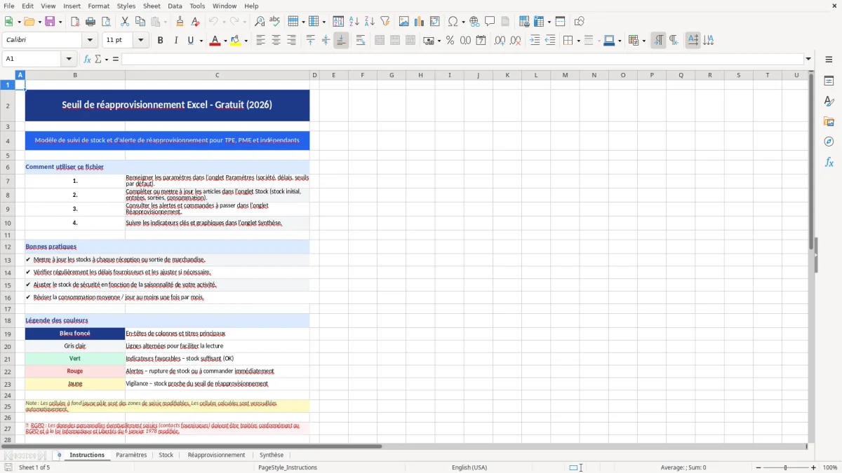 Capture d'écran 1 : Feuille Instructions - Modèle Excel Seuil de réapprovisionnement Excel - Gratuit (2026)