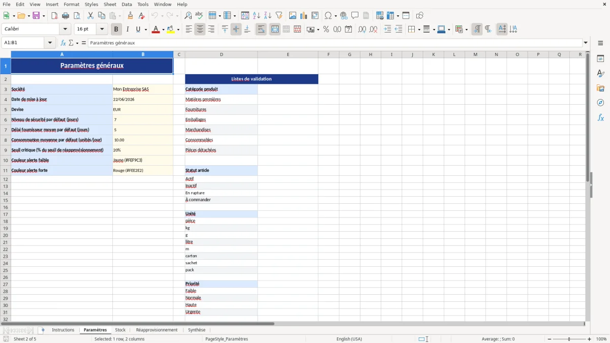 Capture d'écran 2 : Feuille Paramètres - Modèle Excel Seuil de réapprovisionnement Excel - Gratuit (2026)