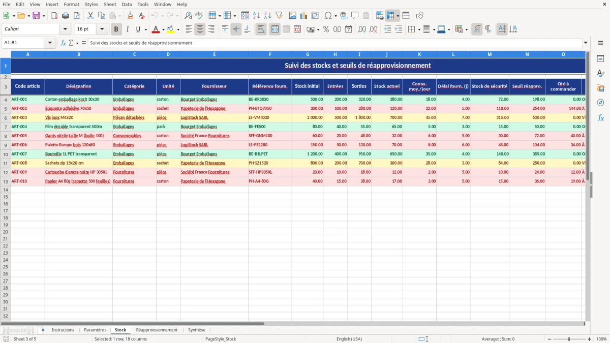 Capture d'écran 3 : Feuille Stock - Modèle Excel Seuil de réapprovisionnement Excel - Gratuit (2026)