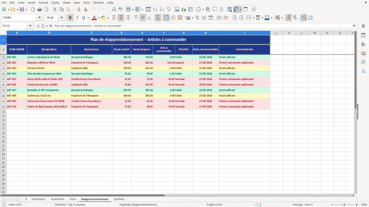 Capture d'écran 4 : Feuille Réapprovisionnement - Modèle Excel Seuil de réapprovisionnement Excel - Gratuit (2026)