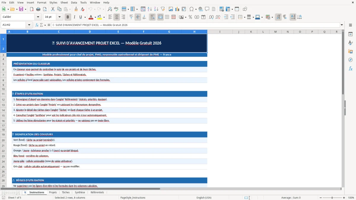 Capture d'écran 1 : Feuille Instructions - Modèle Excel Suivi d'avancement projet Excel - Gratuit (2026)