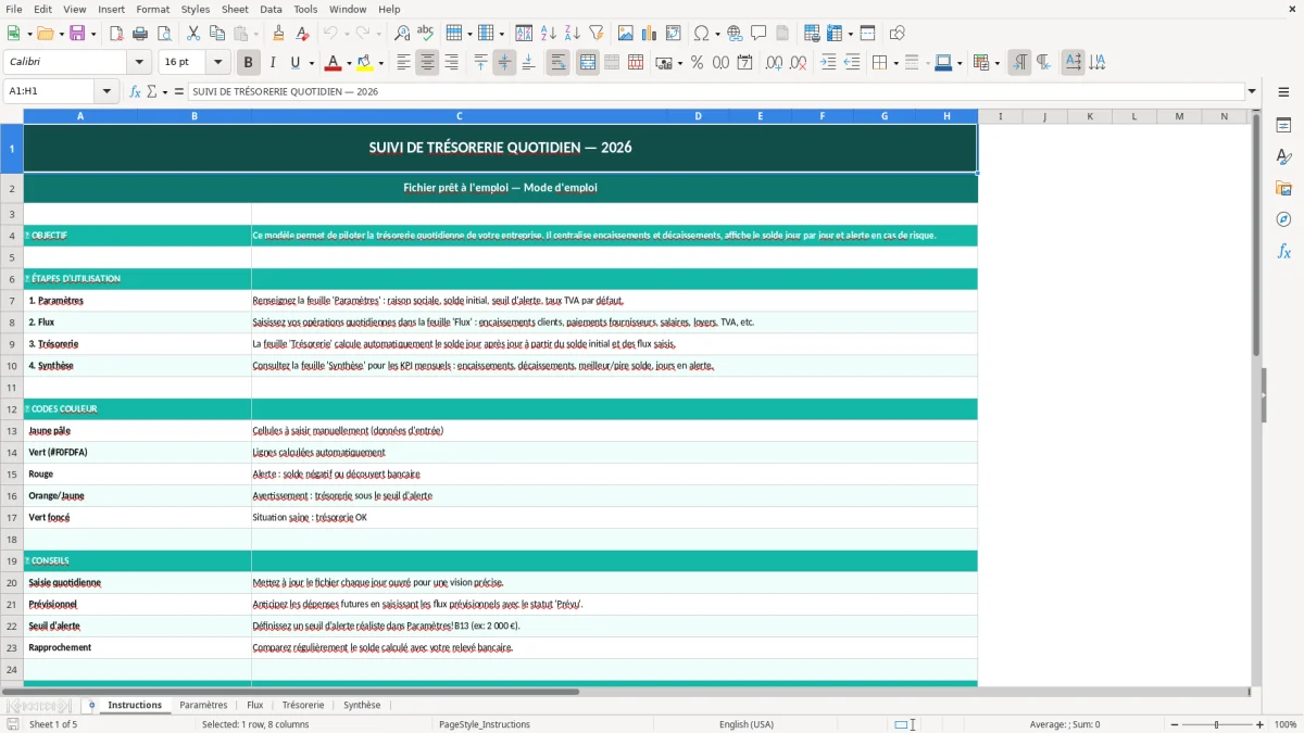 Capture d'écran 1 : Feuille Instructions - Modèle Excel Suivi de trésorerie quotidien Excel - Gratuit (2026)