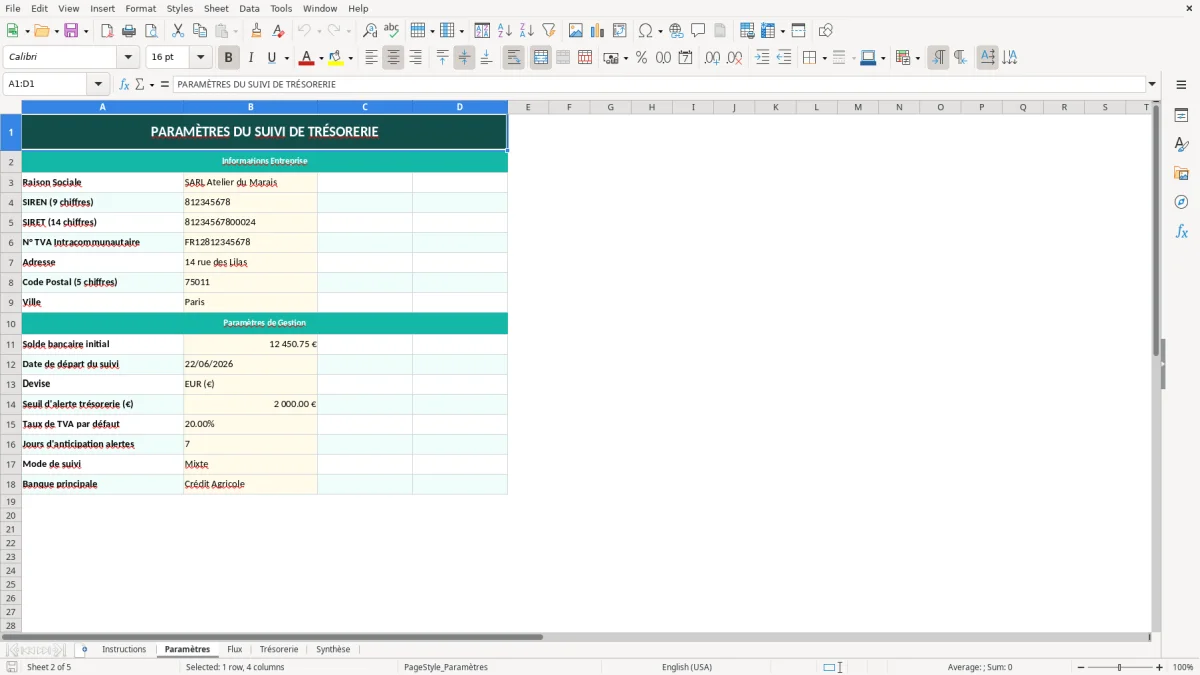 Capture d'écran 2 : Feuille Paramètres - Modèle Excel Suivi de trésorerie quotidien Excel - Gratuit (2026)