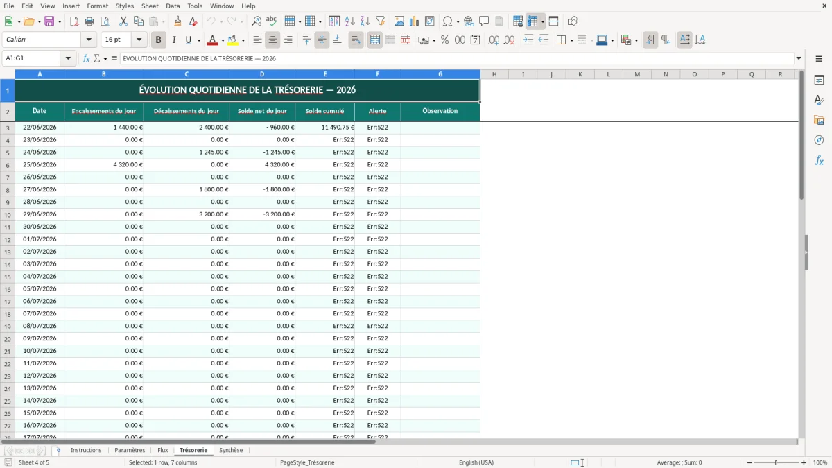 Capture d'écran 4 : Feuille Trésorerie - Modèle Excel Suivi de trésorerie quotidien Excel - Gratuit (2026)