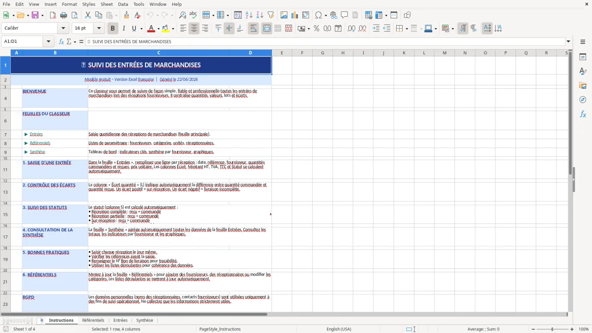 Capture d'écran 1 : Feuille Instructions - Modèle Excel Suivi des entrées de marchandises Excel - Gratuit (2026)