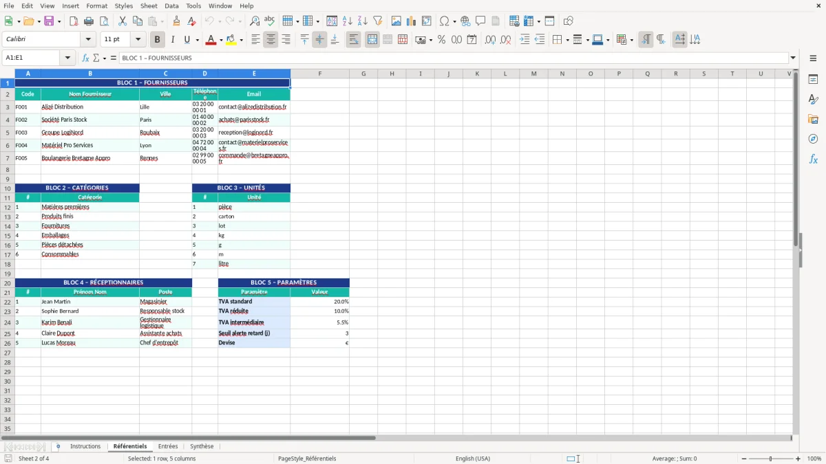 Capture d'écran 2 : Feuille Référentiels - Modèle Excel Suivi des entrées de marchandises Excel - Gratuit (2026)