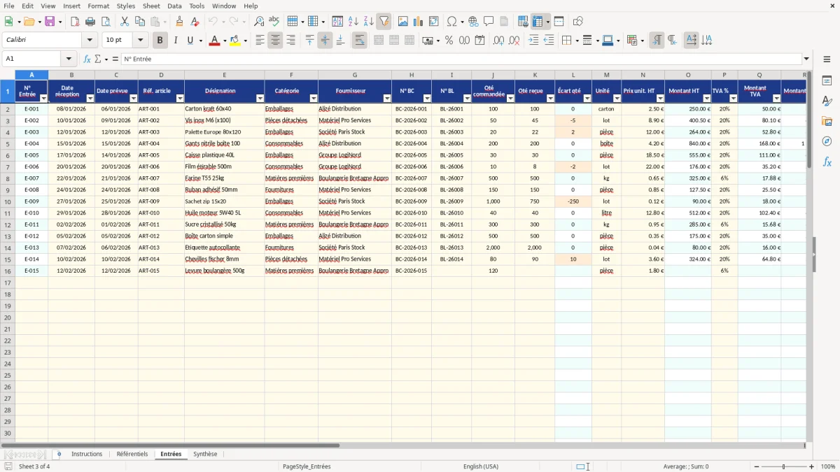 Capture d'écran 3 : Feuille Entrées - Modèle Excel Suivi des entrées de marchandises Excel - Gratuit (2026)