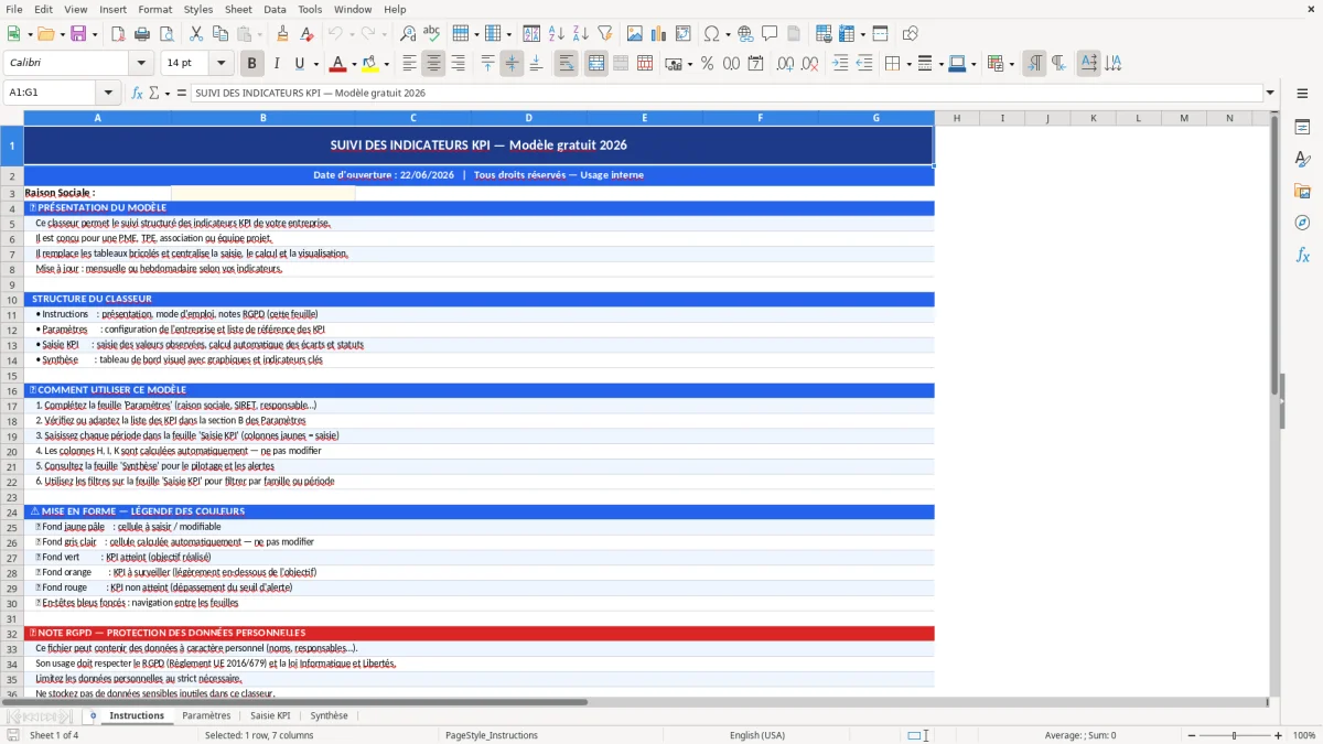Capture d'écran 1 : Feuille Instructions - Modèle Excel Suivi des indicateurs KPI Excel - Gratuit (2026)