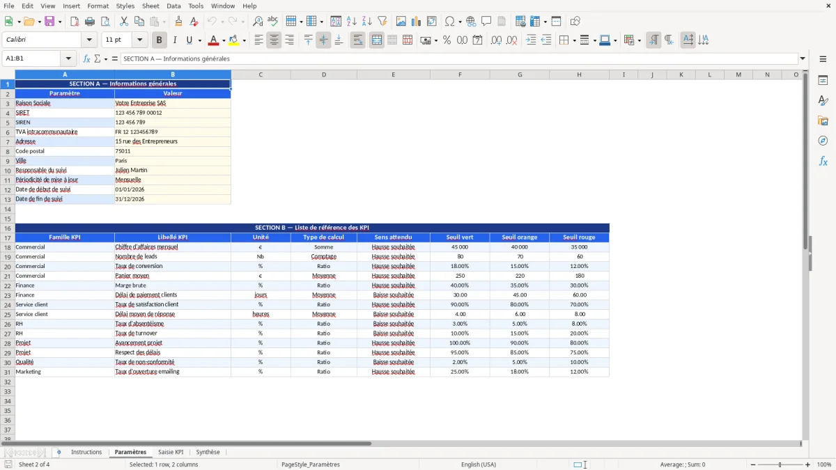 Capture d'écran 2 : Feuille Paramètres - Modèle Excel Suivi des indicateurs KPI Excel - Gratuit (2026)
