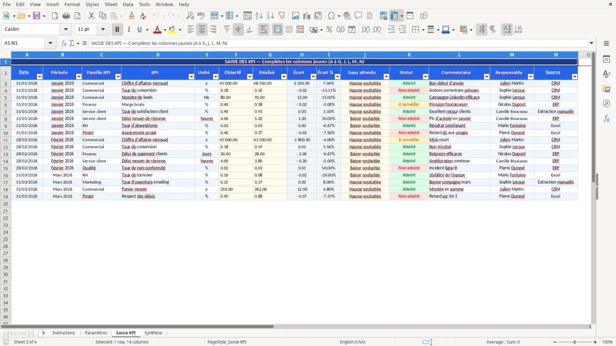 Capture d'écran 3 : Feuille Saisie KPI - Modèle Excel Suivi des indicateurs KPI Excel - Gratuit (2026)