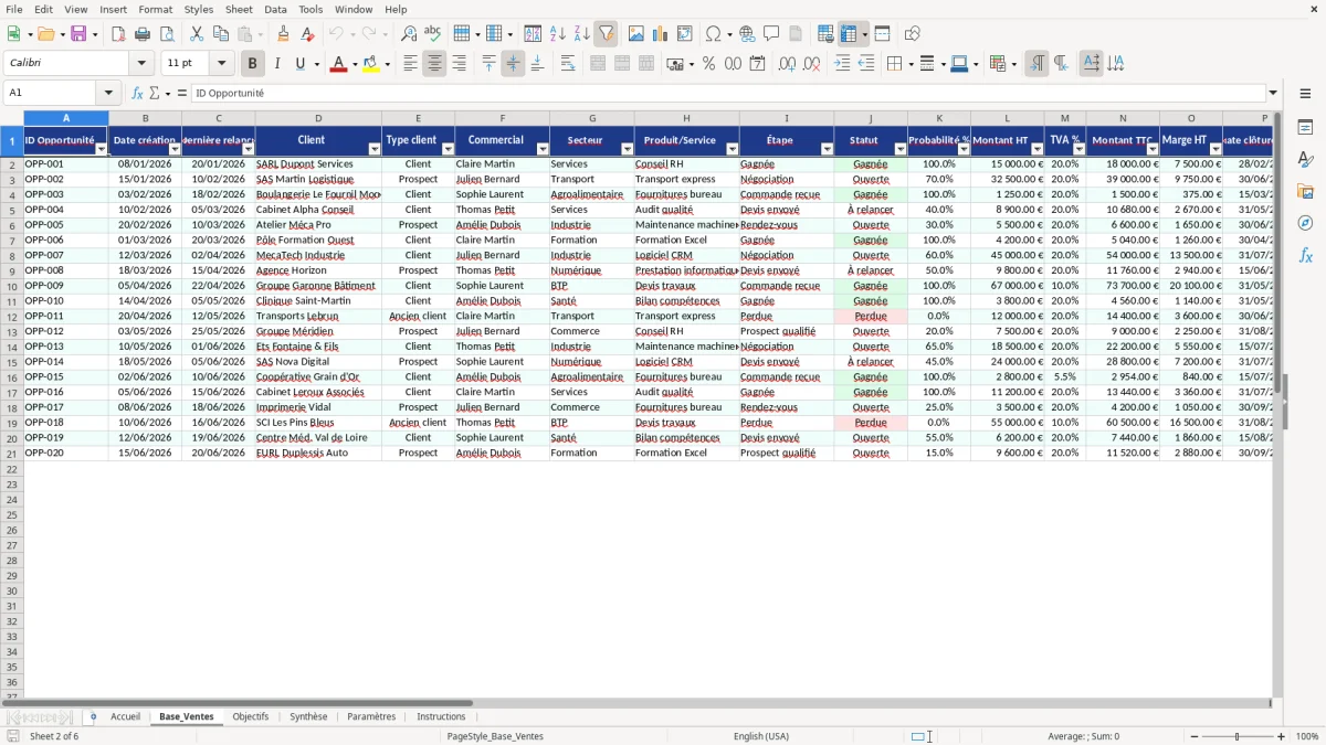 Capture d'écran 2 : Feuille Base_Ventes - Modèle Excel Tableau de bord commercial Excel - Gratuit (2026)