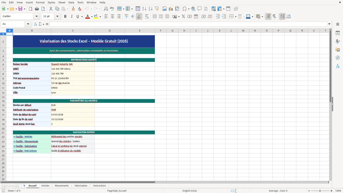 Capture d'écran 1 : Feuille Accueil - Modèle Excel Valorisation des stocks Excel - Modèle Gratuit (2026)
