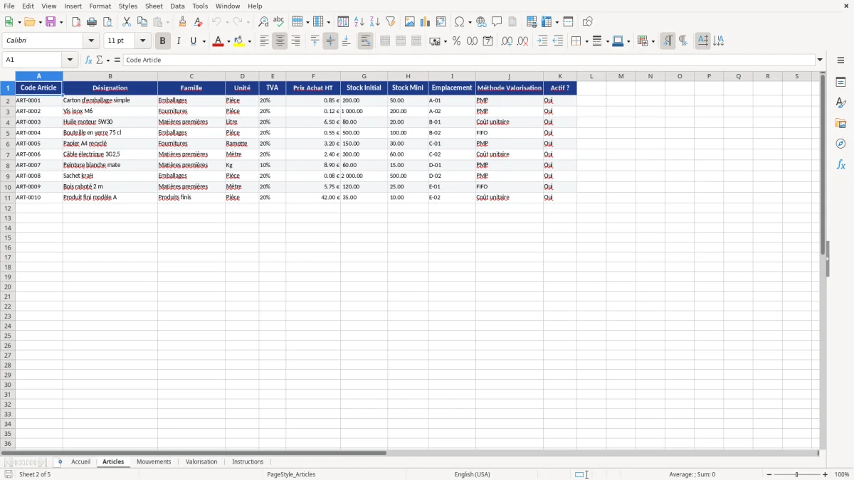 Capture d'écran 2 : Feuille Articles - Modèle Excel Valorisation des stocks Excel - Modèle Gratuit (2026)