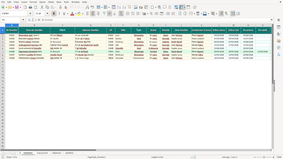 Capture d'écran 1 : Feuille Chantiers - Modèle Excel gestion chantier excel
