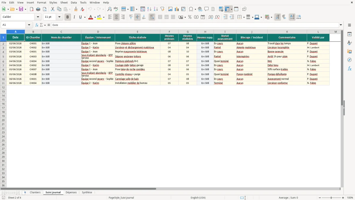 Capture d'écran 2 : Feuille Suivi journal - Modèle Excel gestion chantier excel