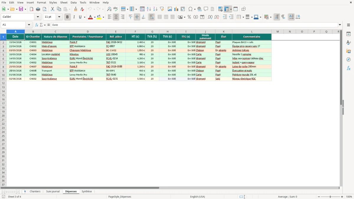 Capture d'écran 3 : Feuille Dépenses - Modèle Excel gestion chantier excel