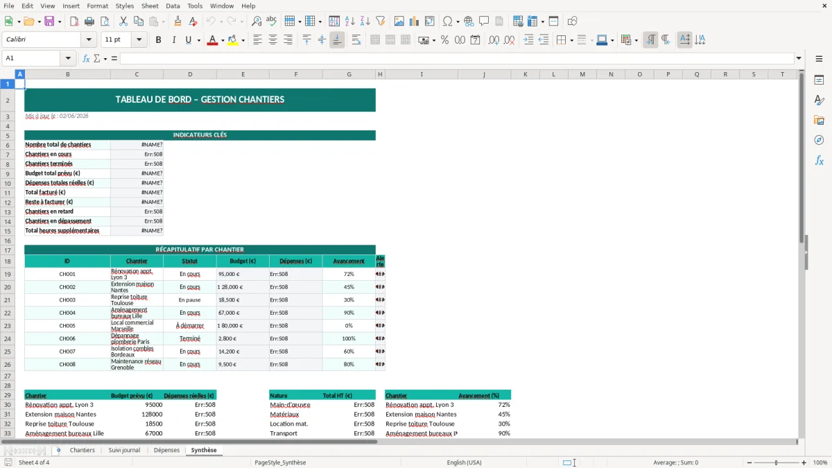 Capture d'écran 4 : Feuille Synthèse - Modèle Excel gestion chantier excel