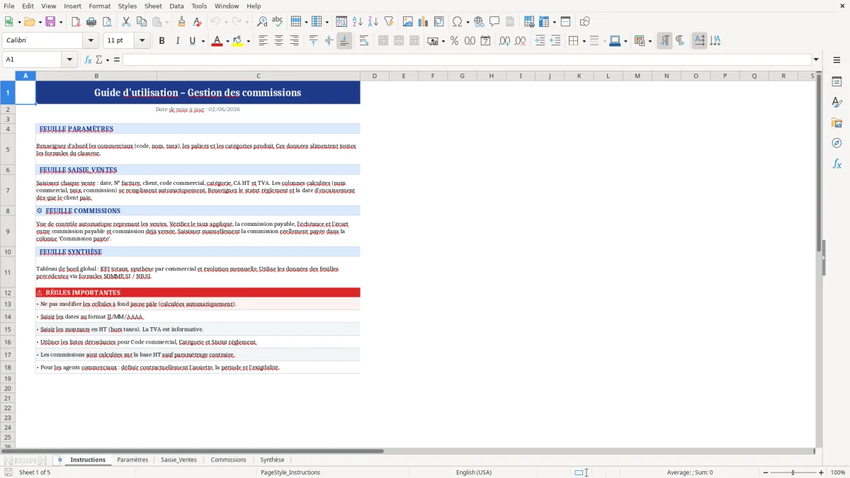 Capture d'écran 1 : Feuille Instructions - Modèle Excel gestion commissions excel