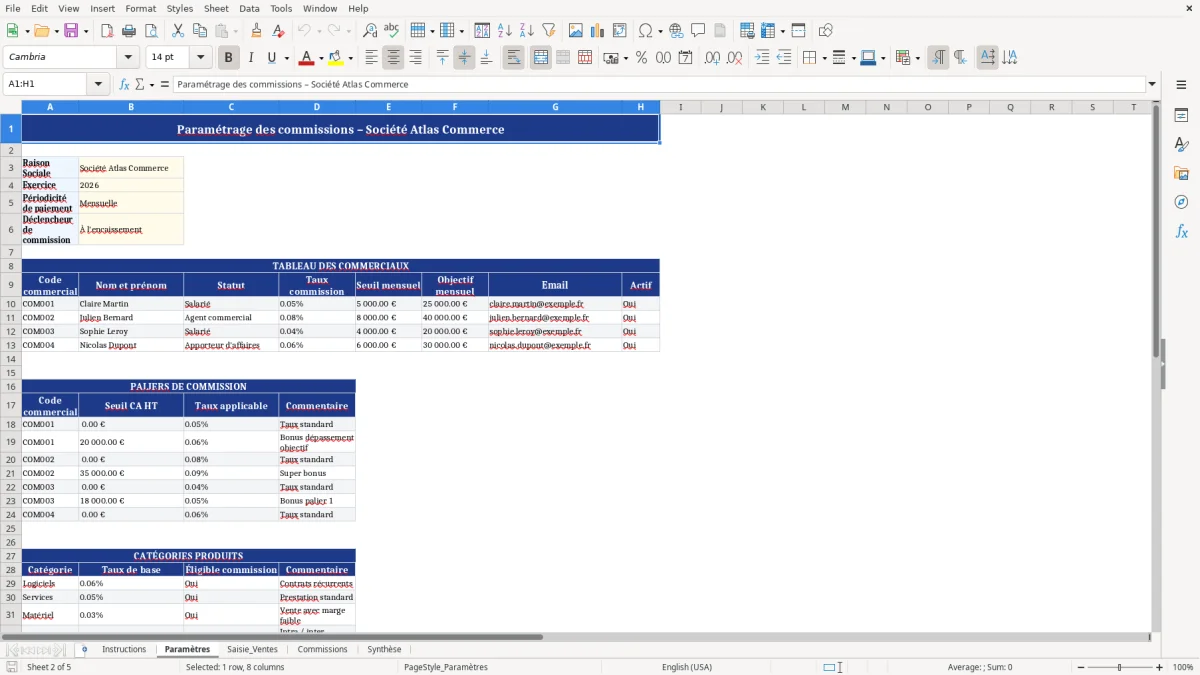 Capture d'écran 2 : Feuille Paramètres - Modèle Excel gestion commissions excel