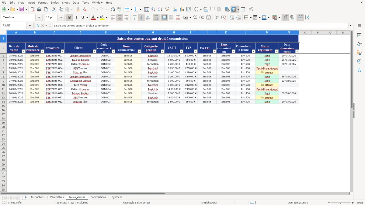 Capture d'écran 3 : Feuille Saisie_Ventes - Modèle Excel gestion commissions excel
