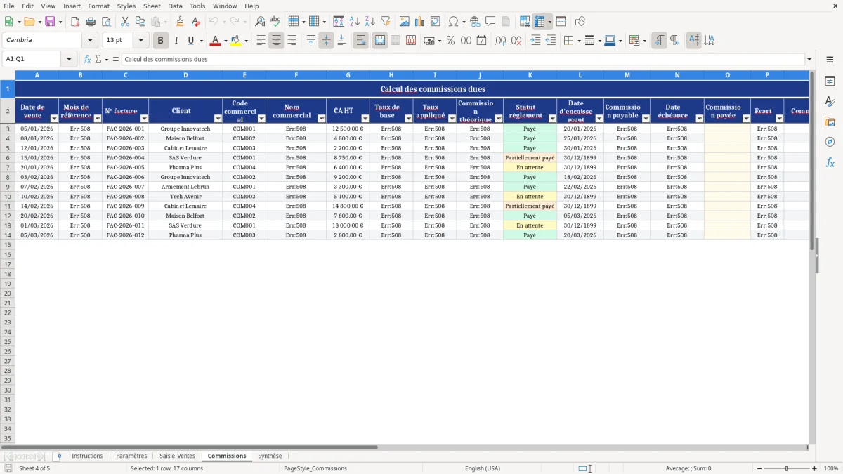 Capture d'écran 4 : Feuille Commissions - Modèle Excel gestion commissions excel