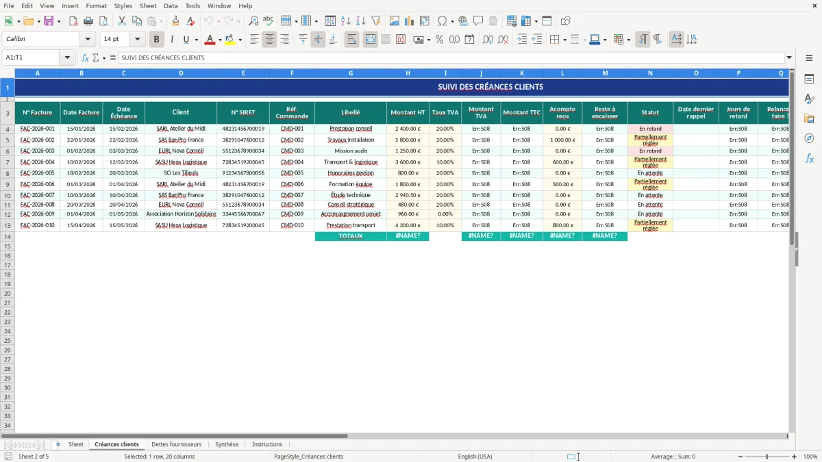 Capture d'écran 2 : Feuille Créances clients - Modèle Excel gestion créances et dettes excel