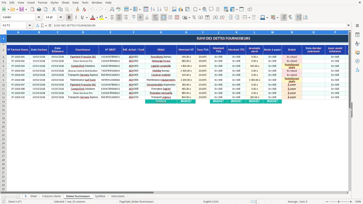 Capture d'écran 3 : Feuille Dettes fournisseurs - Modèle Excel gestion créances et dettes excel