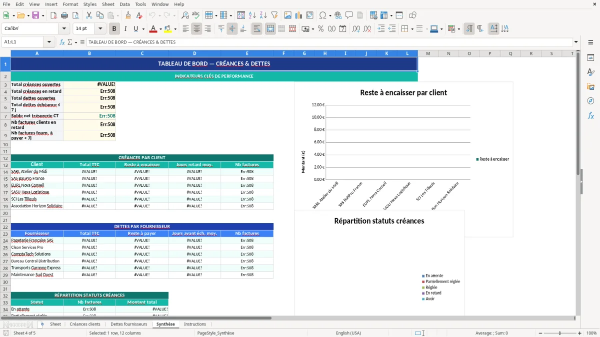 Capture d'écran 4 : Feuille Synthèse - Modèle Excel gestion créances et dettes excel