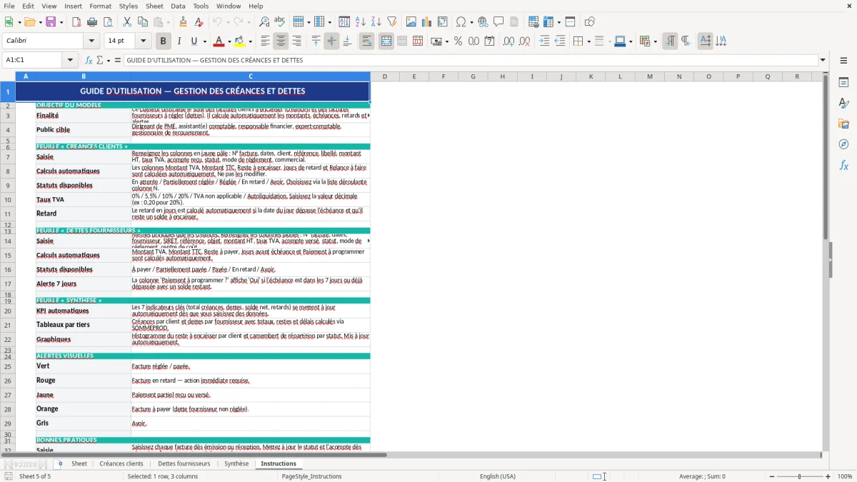 Capture d'écran 5 : Feuille Instructions - Modèle Excel gestion créances et dettes excel