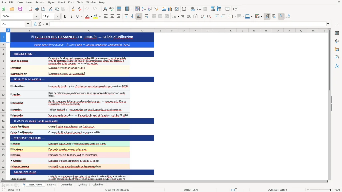 Capture d'écran 1 : Feuille Instructions - Modèle Excel gestion demandes congés excel