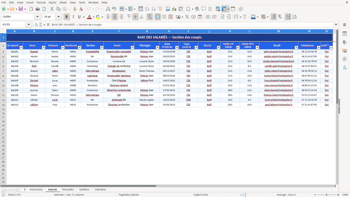 Capture d'écran 2 : Feuille Salariés - Modèle Excel gestion demandes congés excel