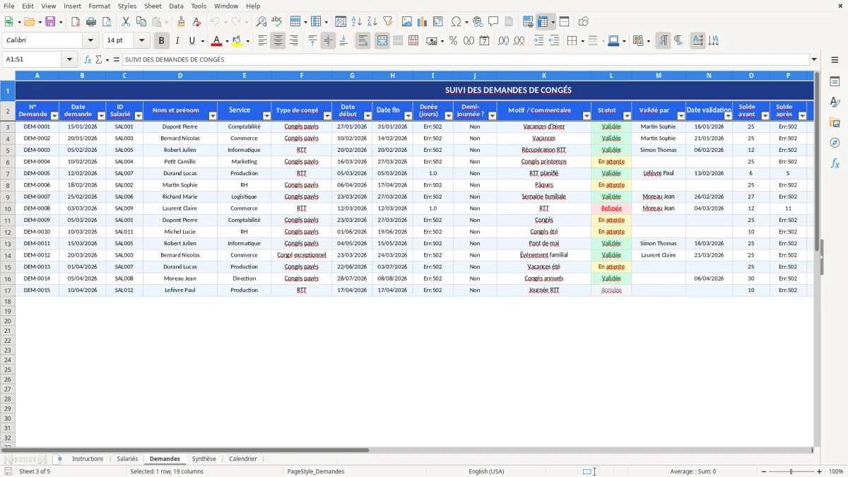 Capture d'écran 3 : Feuille Demandes - Modèle Excel gestion demandes congés excel