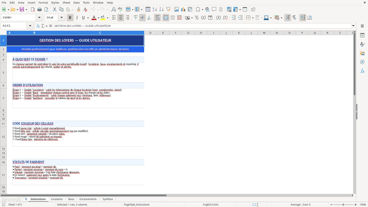 Capture d'écran 1 : Feuille Instructions - Modèle Excel gestion loyers excel