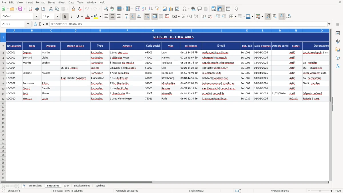 Capture d'écran 2 : Feuille Locataires - Modèle Excel gestion loyers excel