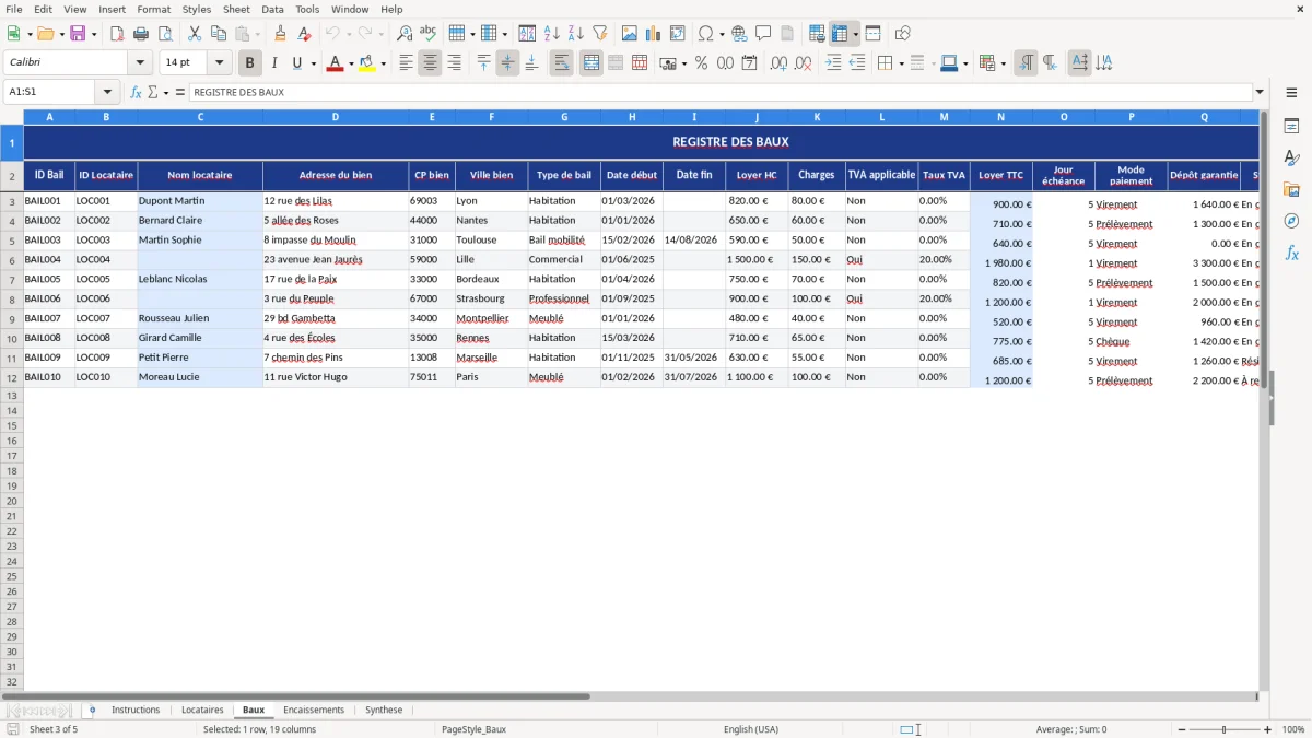 Capture d'écran 3 : Feuille Baux - Modèle Excel gestion loyers excel