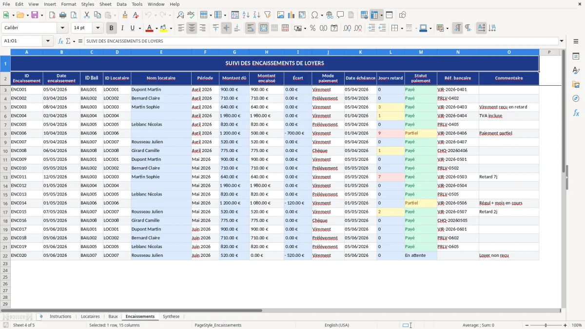 Capture d'écran 4 : Feuille Encaissements - Modèle Excel gestion loyers excel