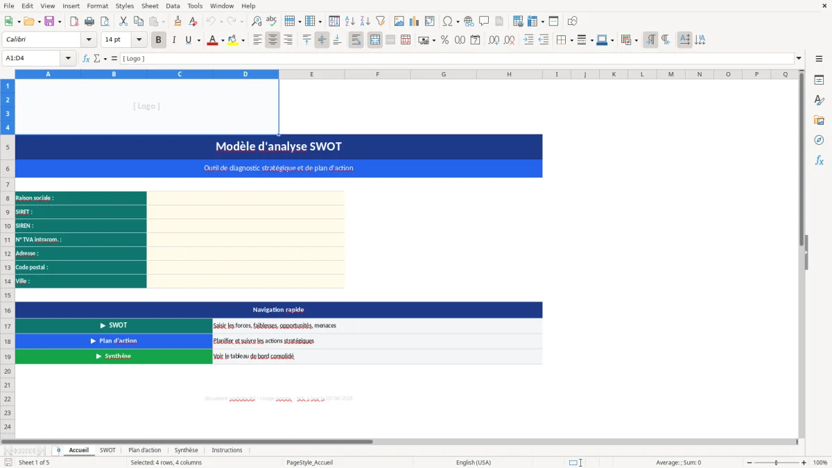 Capture d'écran 1 : Feuille Accueil - Modèle Excel modèle analyse SWOT excel