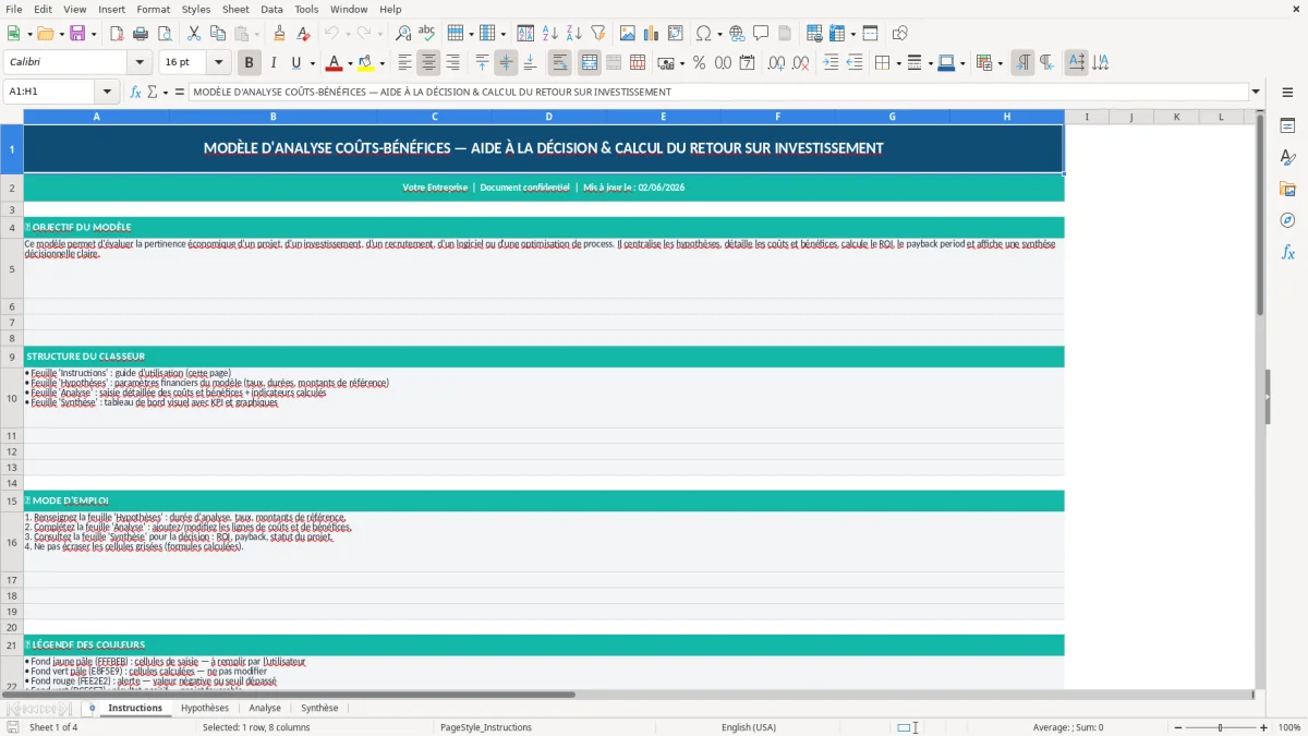 Capture d'écran 1 : Feuille Instructions - Modèle Excel modèle analyse coûts bénéfices excel