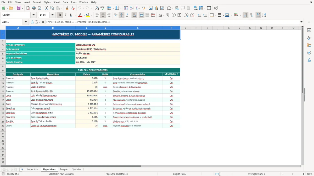 Capture d'écran 2 : Feuille Hypothèses - Modèle Excel modèle analyse coûts bénéfices excel