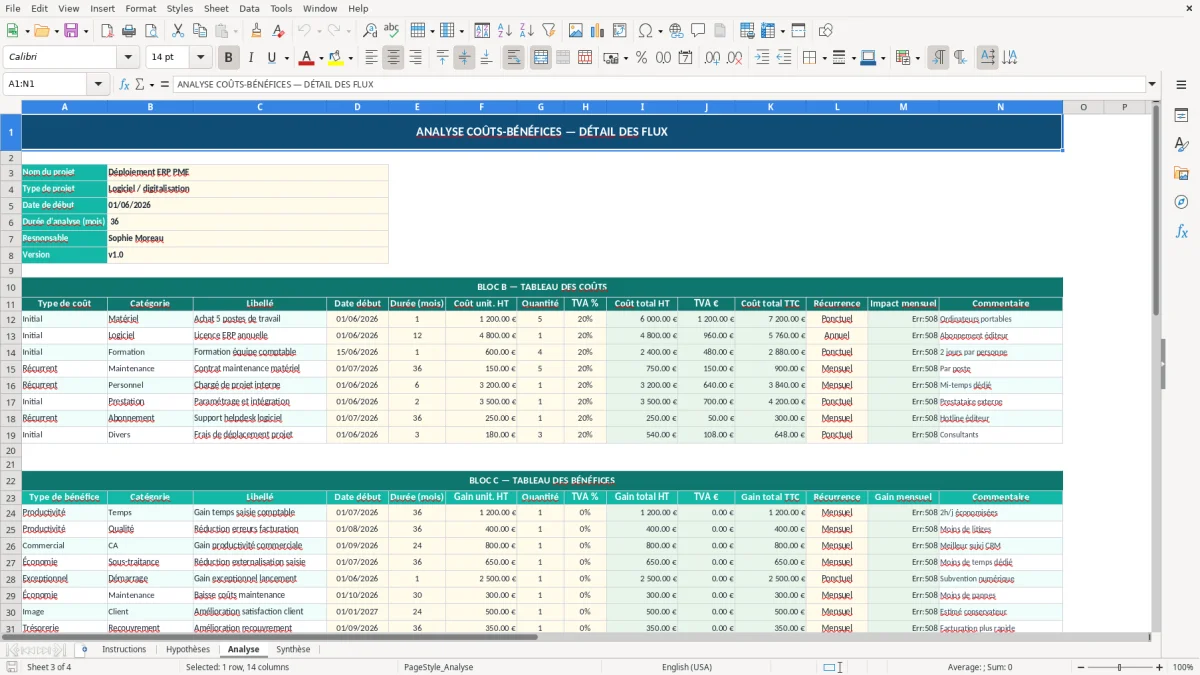 Capture d'écran 3 : Feuille Analyse - Modèle Excel modèle analyse coûts bénéfices excel
