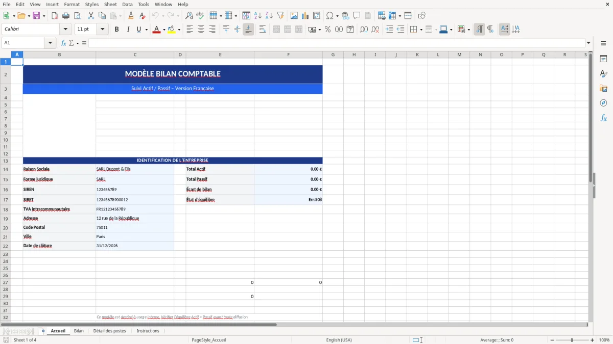 Capture d'écran 1 : Feuille Accueil - Modèle Excel modèle bilan excel