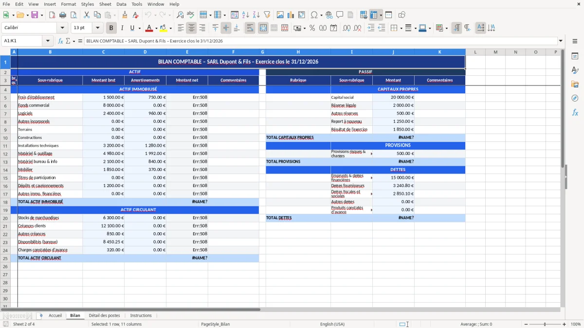 Capture d'écran 2 : Feuille Bilan - Modèle Excel modèle bilan excel