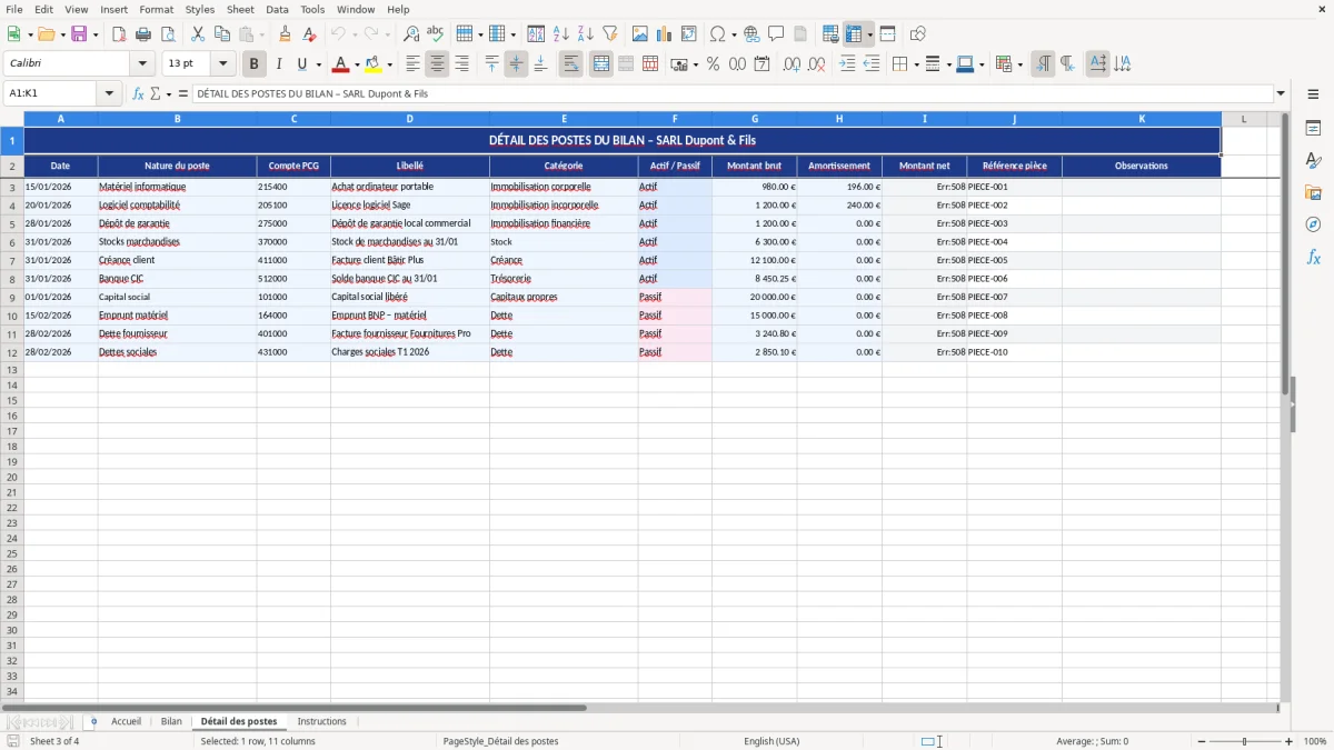 Capture d'écran 3 : Feuille Détail des postes - Modèle Excel modèle bilan excel