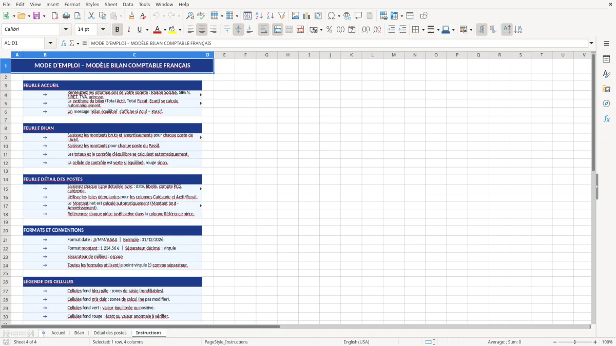 Capture d'écran 4 : Feuille Instructions - Modèle Excel modèle bilan excel