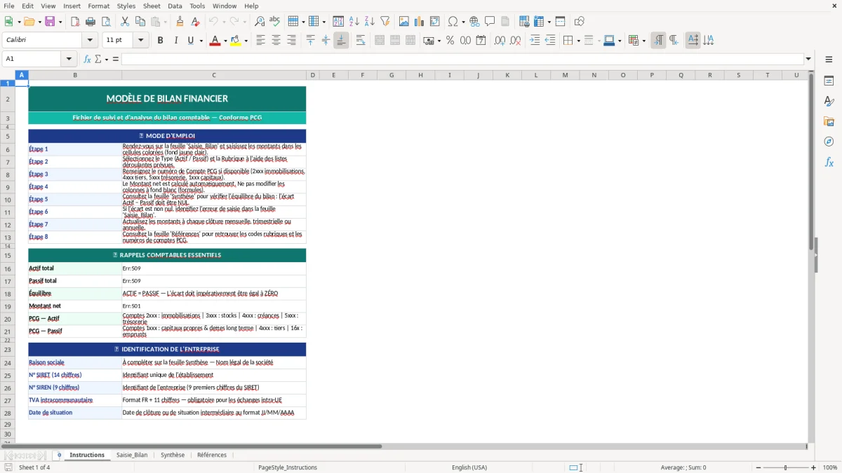 Capture d'écran 1 : Feuille Instructions - Modèle Excel modèle bilan financier excel