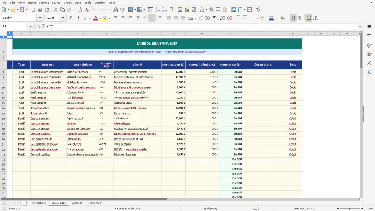 Capture d'écran 2 : Feuille Saisie_Bilan - Modèle Excel modèle bilan financier excel