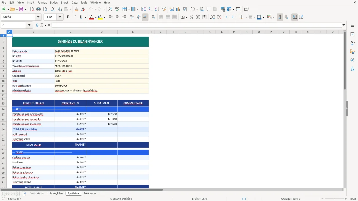 Capture d'écran 3 : Feuille Synthèse - Modèle Excel modèle bilan financier excel