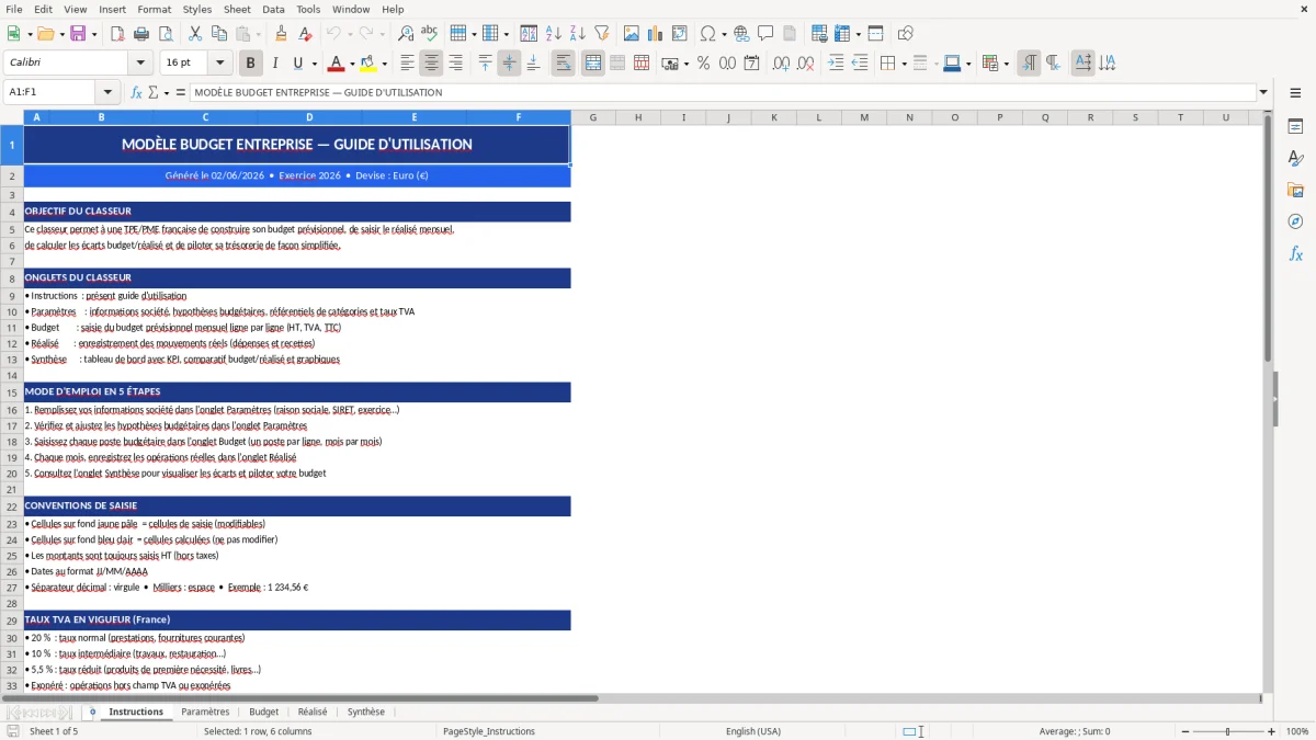 Capture d'écran 1 : Feuille Instructions - Modèle Excel modèle budget entreprise excel